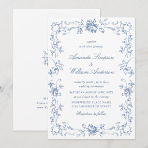 Renaissance Verziert Floral Dusty Blue Wedding Einladung