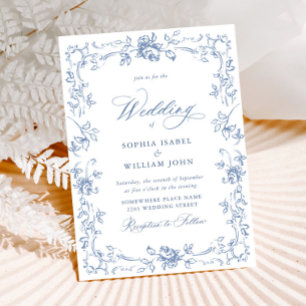 Renaissance Verziert Floral Dusty Blue Wedding Einladung