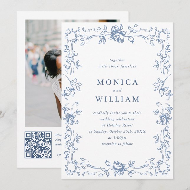 Renaissance Verziert Floral Dusty Blue Wedding Einladung (Vorne/Hinten)