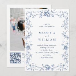 Renaissance Verziert Floral Dusty Blue Wedding Einladung