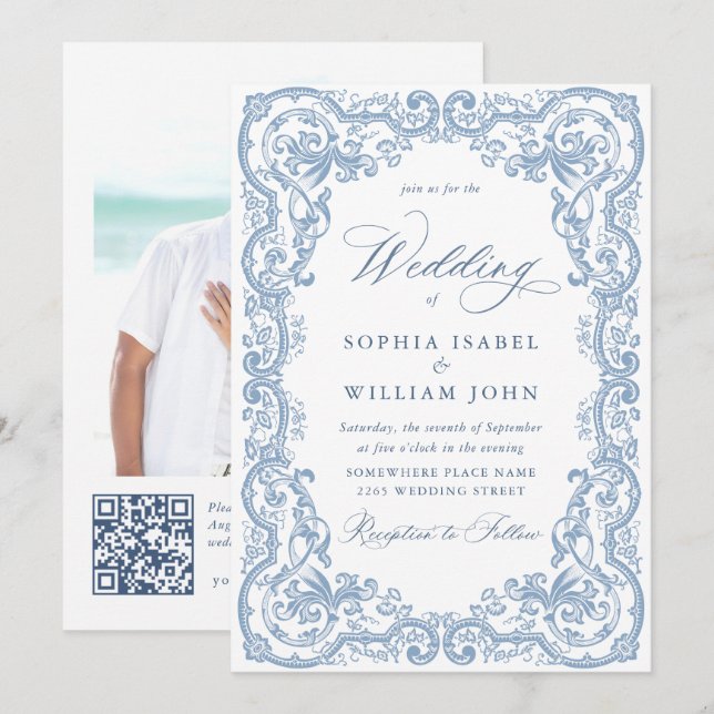 Renaissance Verziert Floral Dusty Blue Wedding Einladung (Vorne/Hinten)