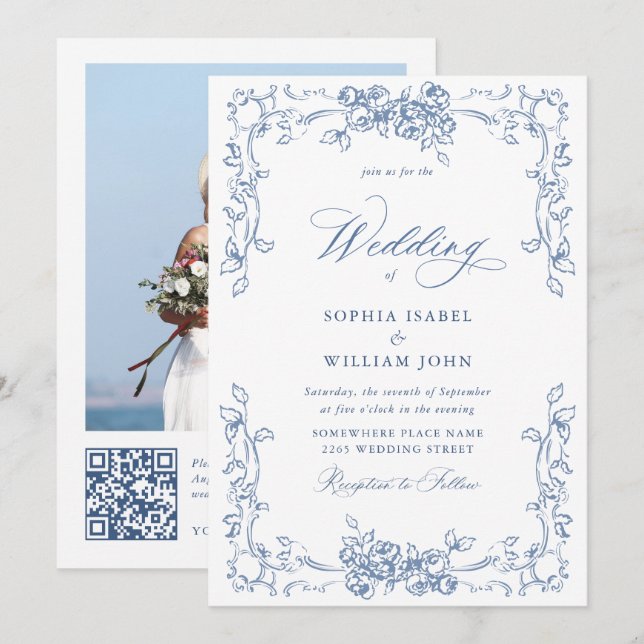 Renaissance Verziert Floral Dusty Blue Wedding Einladung (Vorne/Hinten)