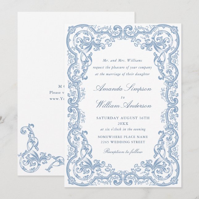 Renaissance Verziert Floral Dusty Blue Wedding Einladung (Vorne/Hinten)