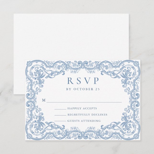 Renaissance Verziert Floral Dusty Blue Wedding RSVP Karte (Vorne/Hinten)