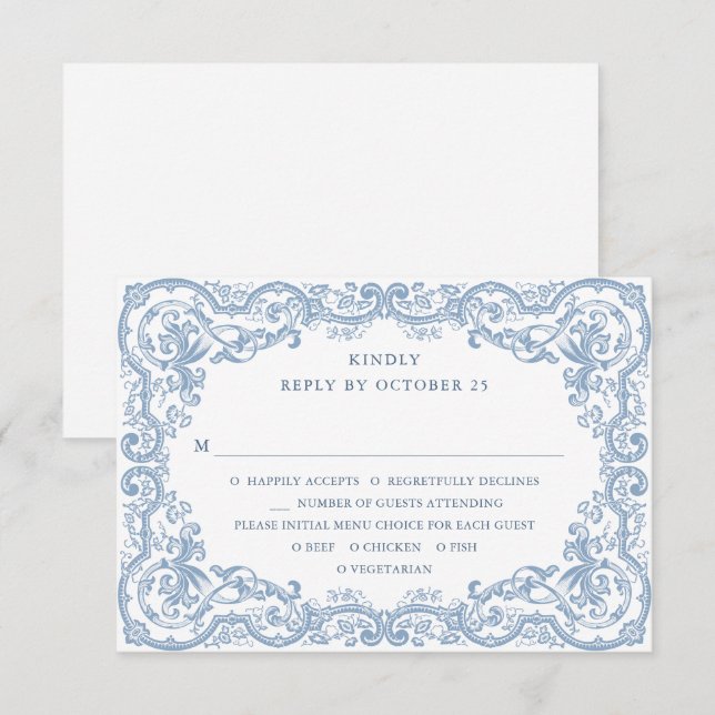 Renaissance Verziert Floral Dusty Blue Wedding RSVP Karte (Vorne/Hinten)