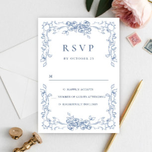 Renaissance Verziert Floral Dusty Blue Wedding RSVP Karte