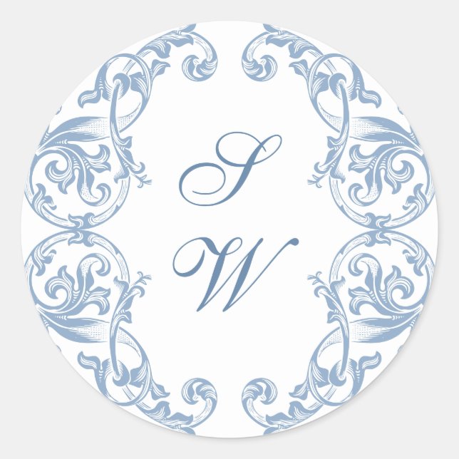 Renaissance Verziert Floral Dusty Blue Wedding Runder Aufkleber (Vorderseite)
