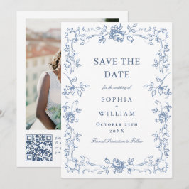 Renaissance Verziert Floral Dusty Blue Wedding Save The Date