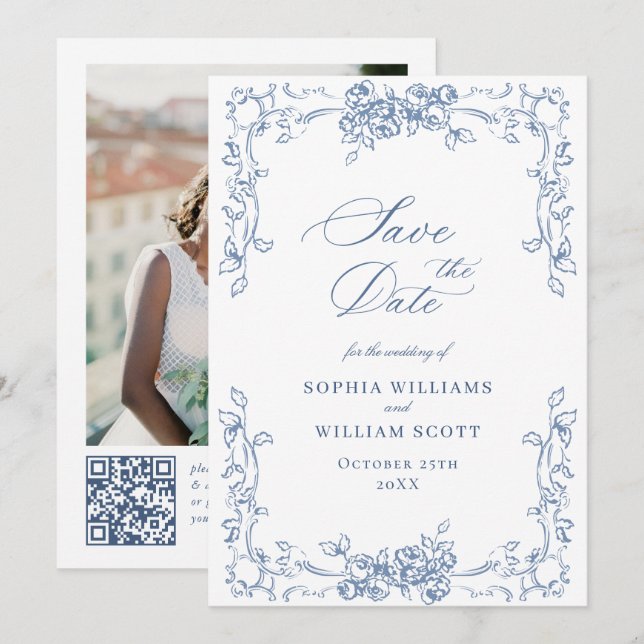 Renaissance Verziert Floral Dusty Blue Wedding Save The Date (Vorne/Hinten)