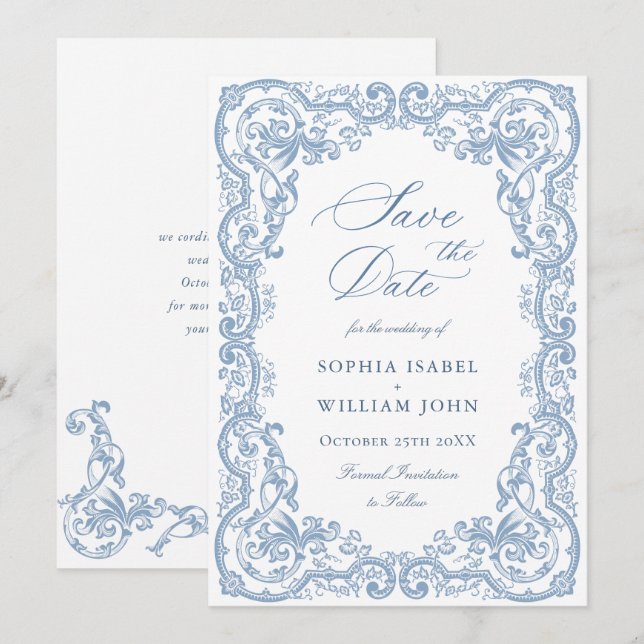 Renaissance Verziert Floral Dusty Blue Wedding Save The Date (Vorne/Hinten)