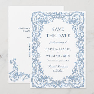 Renaissance Verziert Floral Dusty Blue Wedding Save The Date