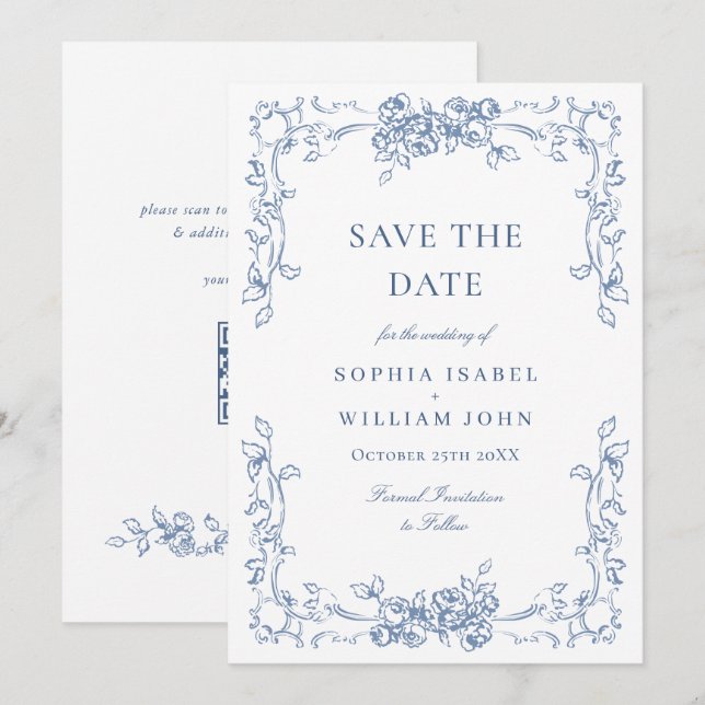 Renaissance Verziert Floral Dusty Blue Wedding Save The Date (Vorne/Hinten)