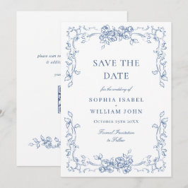 Renaissance Verziert Floral Dusty Blue Wedding Save The Date
