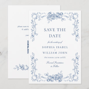 Renaissance Verziert Floral Dusty Blue Wedding Save The Date