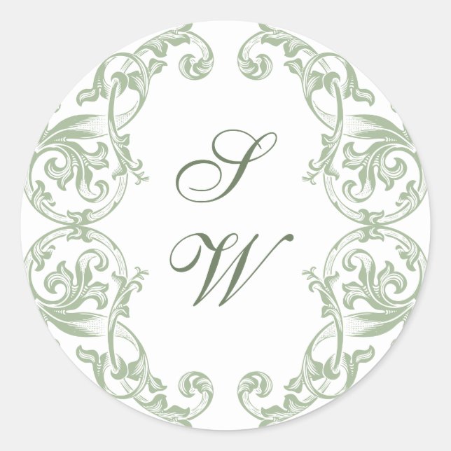 Renaissance Verziert Floral Salbei Grüne Hochzeit Runder Aufkleber (Vorderseite)
