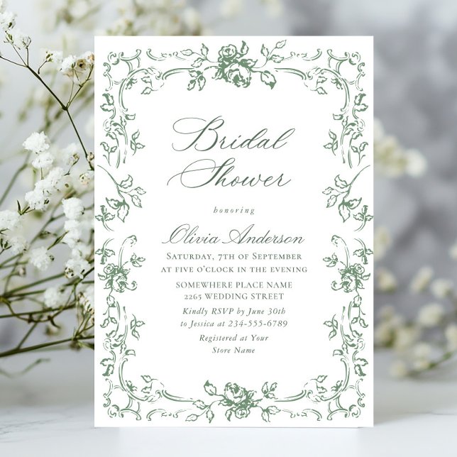 Renaissance Verziert Sage Green Floral Brautparty Einladung (Von Creator hochgeladen)