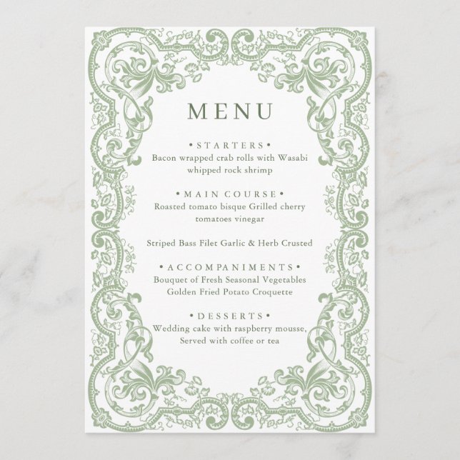 Renaissance Verziert Sage Green Floral Wedding Menükarte (Vorderseite)
