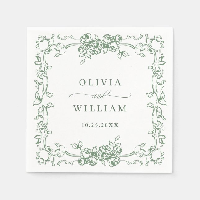 Renaissance Verziert Sage Green Floral Wedding Serviette (Vorderseite)