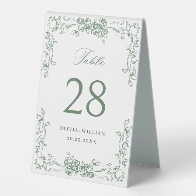 Renaissance Verziert Sage Green Floral Wedding Tischaufsteller (Vorderseite)