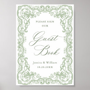 Renaissance Verziert Sage Green Guestbook Zeichen Poster