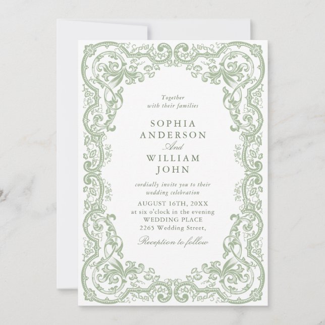 Renaissance Verziert Sage Green Wedding QR-Code Einladung (Vorderseite)