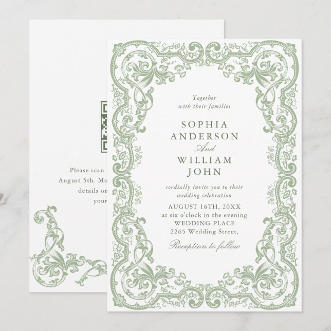 Renaissance Verziert Sage Green Wedding QR-Code Einladung (Vorne/Hinten)