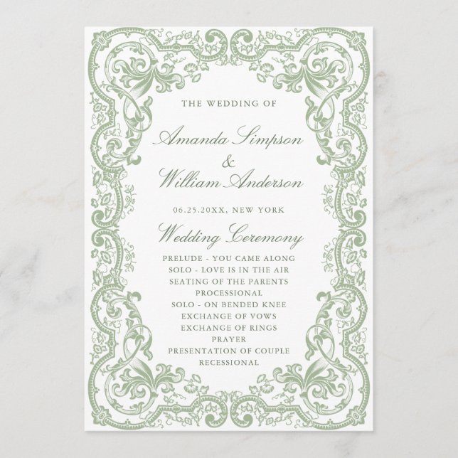 Renaissance Verziert Sage Green Wedding Zeremonie Programm (Vorderseite)