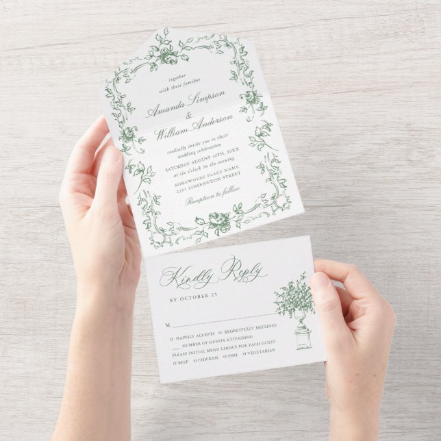 Renaissance Verzierte Blumenfeier Grüne Hochzeit All In One Einladung (Abreißen)