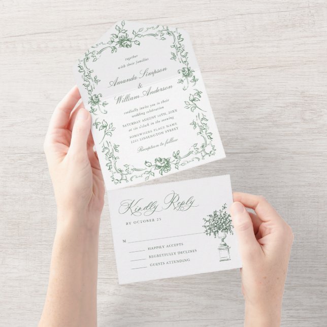 Renaissance Verzierte Blumenfeier Grüne Hochzeit All In One Einladung (Abreißen)