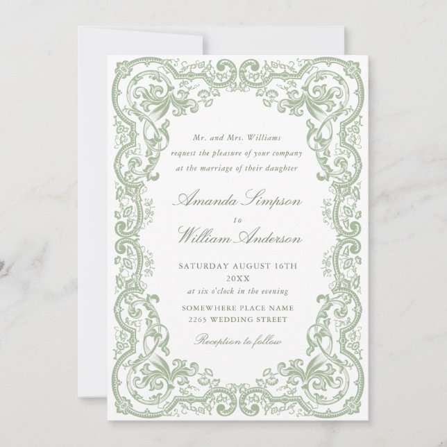 Renaissance Verzierte Blumenfeier Grüne Hochzeit Einladung (Vorderseite)
