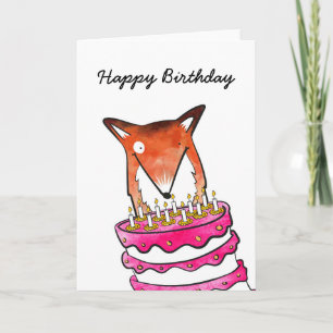 Renard avec carte d'anniversaire de gâteau