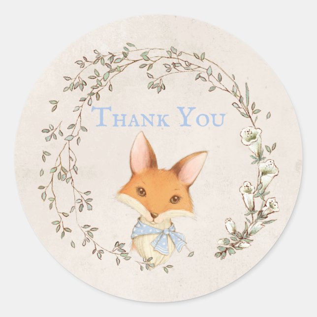 Renard avec Sticker bleu "Merci" Floral (Devant)