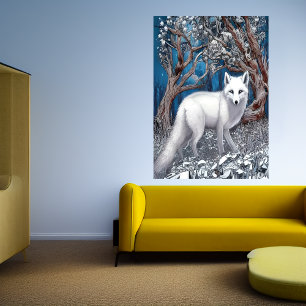 Renard blanc dans la forêt blanche   AI Art Poster