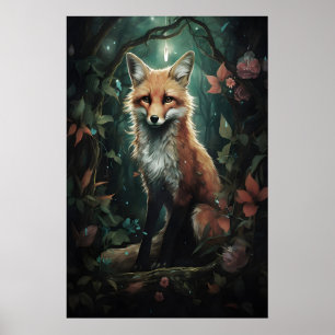 Renard dans une impression de forêt de fleurs magi
