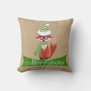 Renard de Noël sur Faux Burlap Coussin