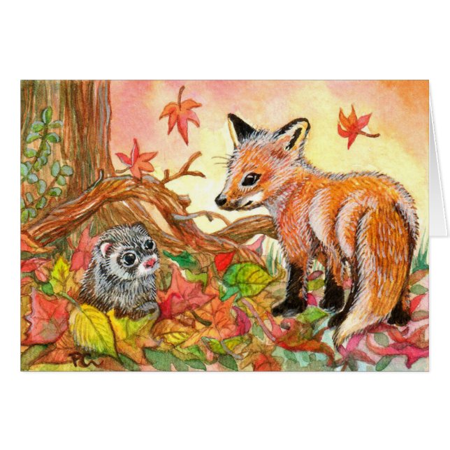 Renard et furet en feuilles d'automne (Devant Horizontal)