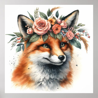 Renard mignon avec affiche de la Couronne florale