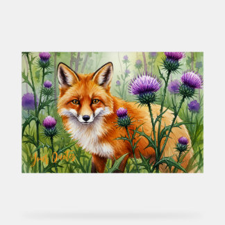 Renard parmi les fleurs de chardon violet aquarell