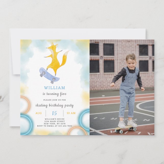 Renard Patinage Anniversaire Invitation Avec Photo (Devant)