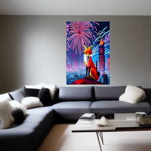 Renard rouge et feu d'artifice AI Art Poster
