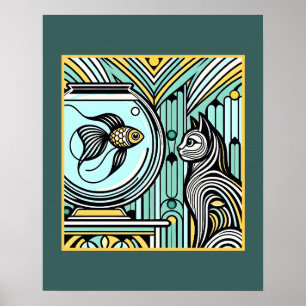 Rencontre Art Déco Chat et Poisson - Yeux curieux