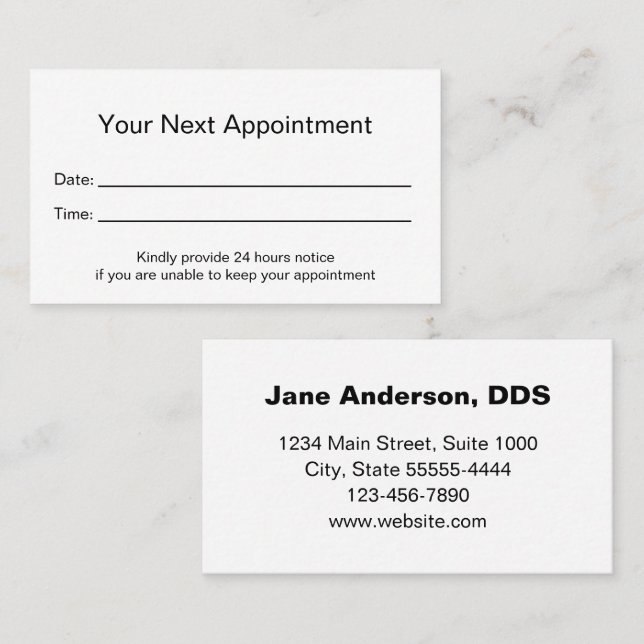 Rendez-vous Carte de rappel pour les dentistes du bureau denta (Devant / Derrière)