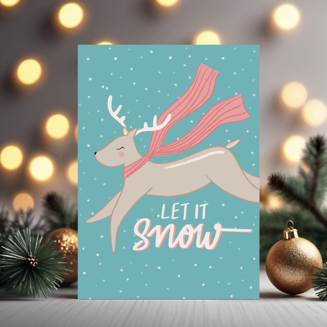 Renne galopant - Carte de vacances pliée (Prancing reindeer folded holiday card. Illustrated and hand-lettered by Clearlytangled Studio.)