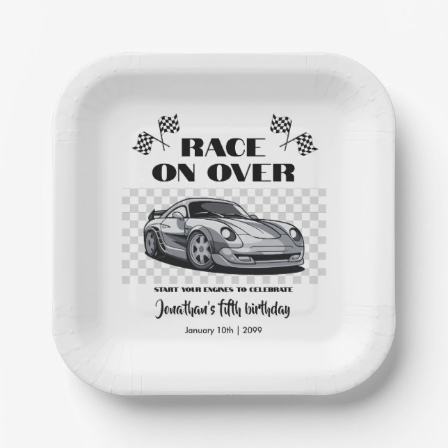 Rennen über Silver Modern Race Car jedes Alter Pappteller (Vorderseite)