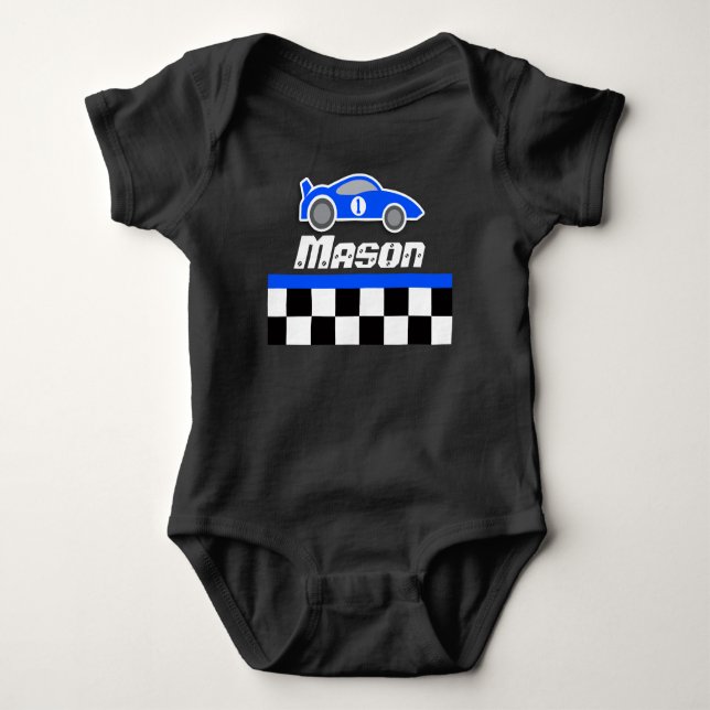Rennfahrer blauer individuelle Name Kinderwagen Ki Baby Strampler (Vorderseite)