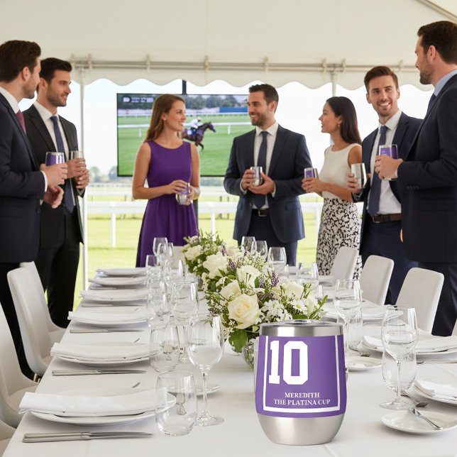 Rennpferd 10 Lila Personalisiert Derby (Custom saddle cloth wine tumbler for your horse racing party. Purple is traditional for number 10.)