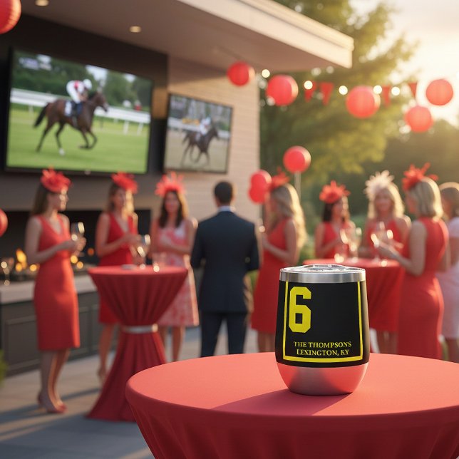 Rennpferd 6 Schwarzes Personalisiertes Derby (Personalized horse racing saddle cloth thermal wine tumbler. Printed on both sides)