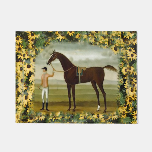 Rennpferd und Jockey schwarz mit Augen Sushi-Blume Fußmatte (Vorderseite)