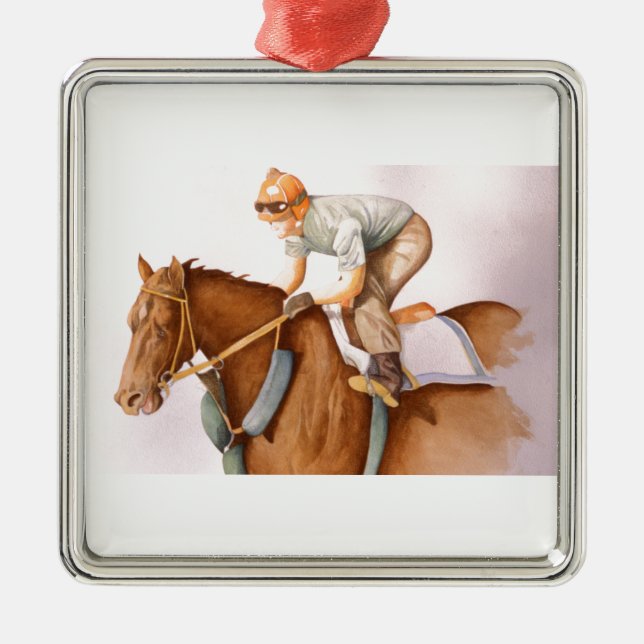 Rennpferd und Jockey Silbernes Ornament (Vorne)