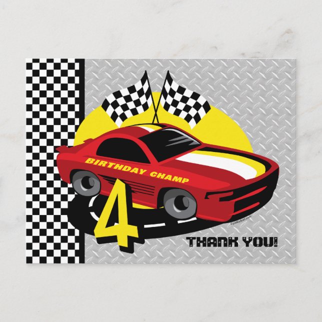 Rennwagen 4. Geburtstag Postkarte (Vorderseite)